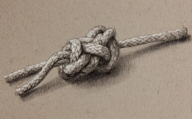 Detailed graphite sketch of a complex knot tied in light beige rope, rendered with meticulous shading and perspective on neutral-toned paper.