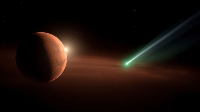 Celestial Dance: Witness the cosmic ballet of a planet and a comet in the vast expanse of space, their ethereal glow painting a portrait of the universe.