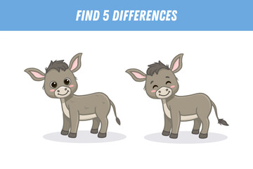 Find 5 differences between two pictures of funny cartoon donkey. Cute donkey. Vector illustration
