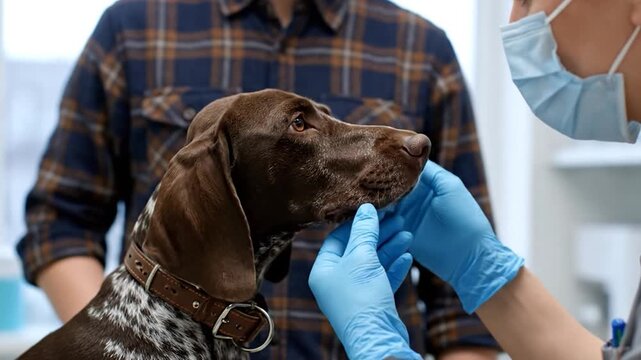 Veterinarian wearing blue gloves and a mask gently examines the eye of a brown german shorthaired pointer dog during a medical checkup