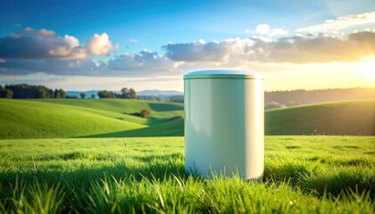 White Cylindrical Device in Green Field at Sunrise