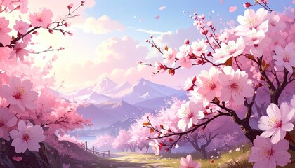 Blooming Cherry Blossoms with Pink Petals and Misty Mountain Background in Gentle Sunlight Animated Pixel Art Style Peaceful Springtime Scenery