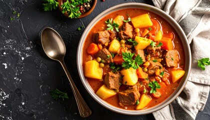 Hearty Beef Stew in Bowl with Potatoes and Carrots