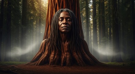 Mysterious figure emerges from forest depths bathed in ethereal light
