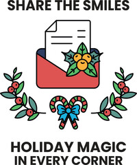 A black and white image of a Christmas card with a bow and a leafy border