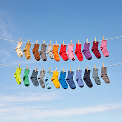 Colorful socks hanging on a clothesline under a blue sky during a sunny day in a backyard setting