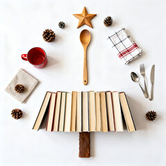 Creative holiday table arrangement with books, pine cones, and kitchen utensils during winter season