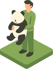 Man holding a panda bear in his arms on a green platform.