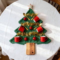 Creative Christmas tree centerpiece made from towels and festive decorations on a dining table