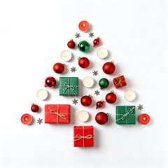 Decorated Christmas tree display made of gifts, ornaments, and candles for festive season in bright colors