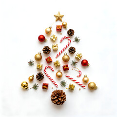 Decorative holiday arrangement featuring festive ornaments, candy canes, and pinecones in the shape of a Christmas tree