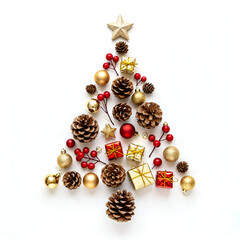 Decorative arrangement of pine cones, ornaments, and gifts shaped like a Christmas tree for festive celebrations during the holiday season