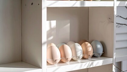 Pastel Eggs in White Shelf with Sunlight