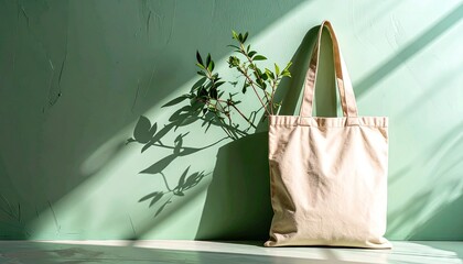 Beige Tote Bag with Greenery Against a Mint Green Wall