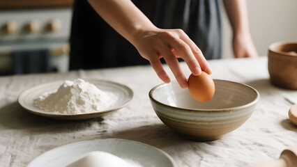 Fototapeta premium Hand poised to crack egg into bowl, flour and sugar nearby on linen tablecloth