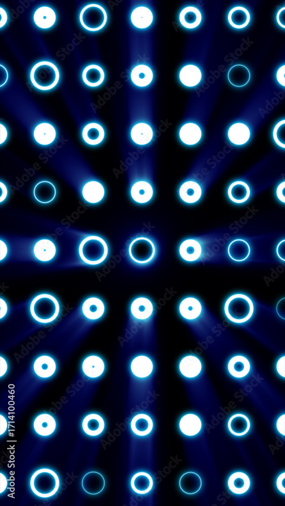 Poster futuristic glowing rings forming a grid of circular light patterns with radial beams on a dark backg