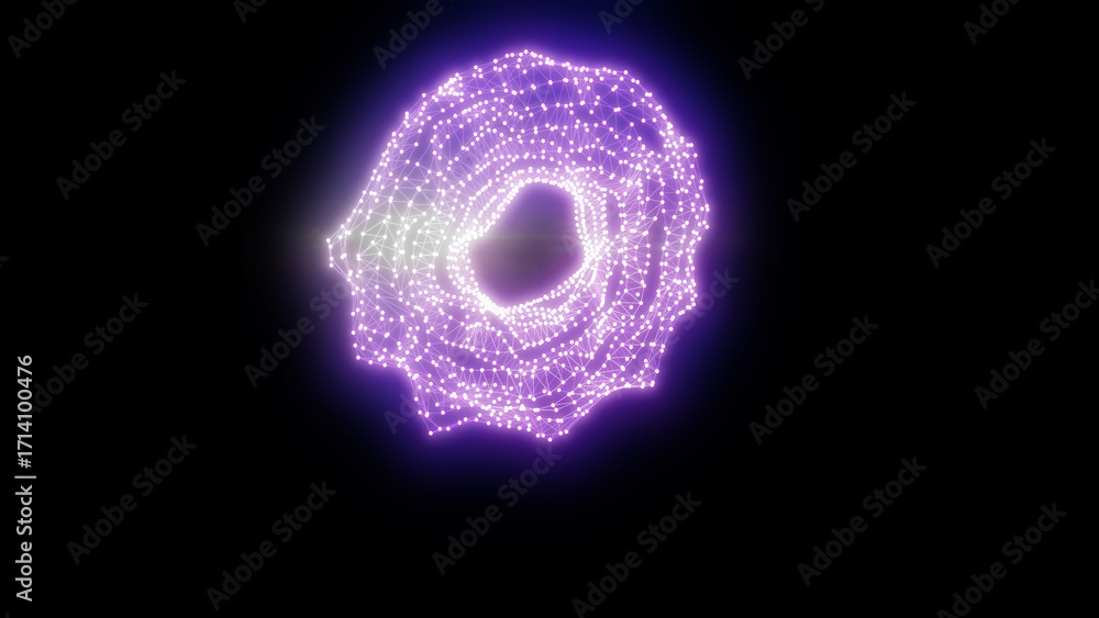 Poster purple digital spiral with glowing nodes and an asymmetrical ring structure, floating in a dark void