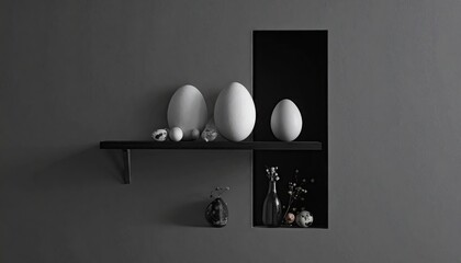 Three White Eggs on a Dark Shelf with Still Life Arrangement
