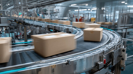 Naklejka premium High-speed conveyor belt transporting packages in a busy warehouse facility.