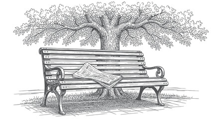 Line Art Sketch of Park Bench with Newspaper Under Shady Tree
