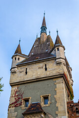Fototapeta premium Tower of Vajdahunyad Castle with Spires and Ivy on Walls