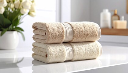 Soft Beige and Cream Bath Towels Stacked on White Surface