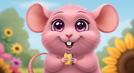 Adorable pink cartoon mouse with big eyes eating cheese in a sunny meadow