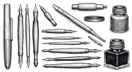 Vintage Calligraphy Pens and Ink Bottles Engraving Illustration