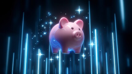 A whimsical pink piggy bank floats amidst a galaxy of shimmering stars and electric blue light trails, representing the magic of saving and the allure of financial prosperity.