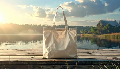 White Tote Bag on Wooden Dock at Sunset