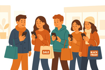 Fototapeta premium Flat vector illustration of people shopping on Black Friday. Group of young adults with shopping bags and smartphones. Concept of online shopping, sales, discounts, and consumerism
