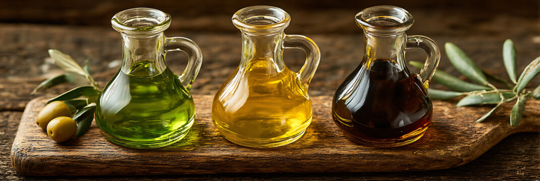 Three glass cruets filled with varying shades of cooking oils, accompanied by fresh olive branches, symbolizing healthy ingredients, gourmet cuisine, and Mediterranean food.
