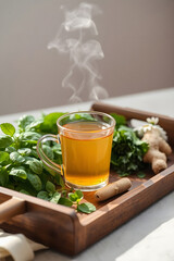 Steaming cup of amber herbal tea, surrounded by fresh mint, ginger, and other medicinal herbs on a rustic wooden tray. The scene evokes a feeling of natural wellness.