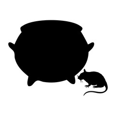 Logo con silueta de caldero de bruja con rata para felicitaciones y tarjetas de Halloween  © teracreonte