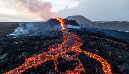 Aerial View of Glowing Lava Flowing on Dark Volcanic Rock