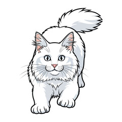 Whimsical Feline Charm: A cheerful, fluffy white cat with a gentle expression and vibrant gaze, captured in a clean and vibrant illustration, exudes playful energy and pure joy.