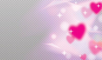 Vector transparent background with pink dreamy clouds with glowing heart shapes, sparkling stars for romantic valentine and love themed design