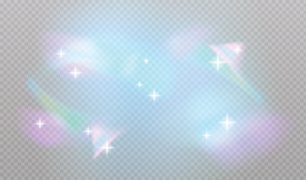 Vector illustration of iridescent holographic gradient background with soft rainbow prism effects and stars on transparent overlay for design template