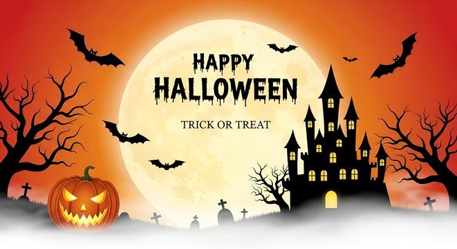 Happy Halloween Night with Spooky Castle, Jack-o-Lantern, Bats, and Full Moon