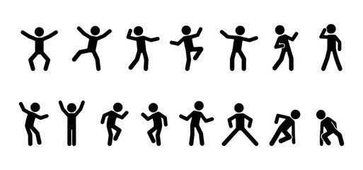 Stickman dance and party poses icon set. Vector silhouette pictogram of people dancing, jumping, celebrating, club party moves, choreography, happy movement, modern dance, street dance.