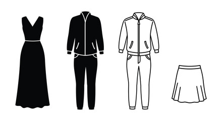 Minimalist black and white illustration of various clothing items displayed