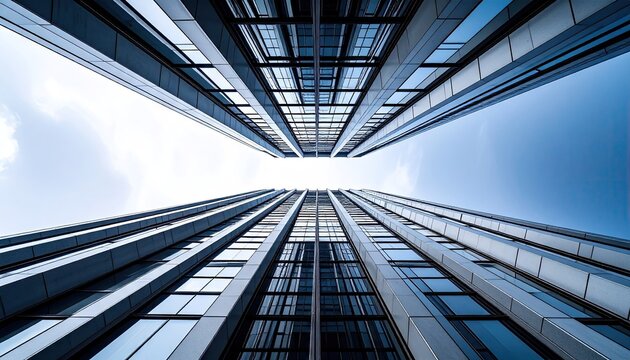 Low Angle View of Modern Glass Skyscrapers Against a Blue Sky
