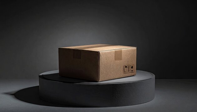 Brown Cardboard Box on Dark Gray Platform
