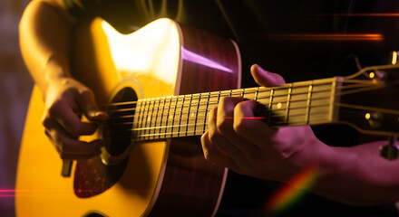 Obraz premium Strumming Serenity Close-Up of Musician's Hands Playing Acoustic String Instrument