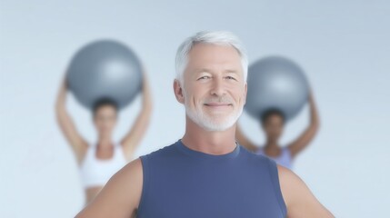 Senior man with gray hair and beard smiles confidently in fitness studio, while two women exercise with stability balls in the background, promoting healthy lifestyle and wellness