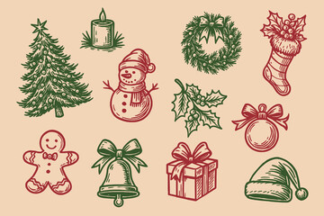 Christmas holiday elements vintage sketch vector illustration