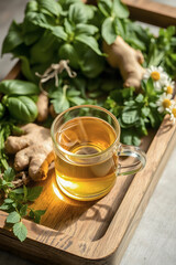  cup of steaming herbal tea rests on a wooden tray with a sprig of mint. It is surrounded by fresh mint leaves, ginger, and chamomile flowers, evoking a feeling of natural wellness and tranquility.