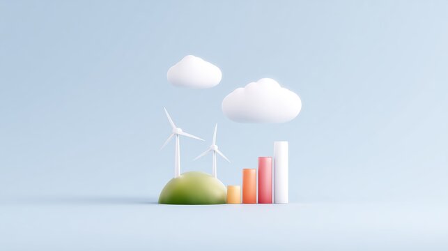 3D illustration of renewable energy concept featuring wind turbines, colorful bar graphs, and clouds against a soft blue background, symbolizing sustainable development and environmental awareness