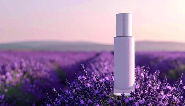 White Opaque Dispenser Bottle in Lavender Field at Sunset