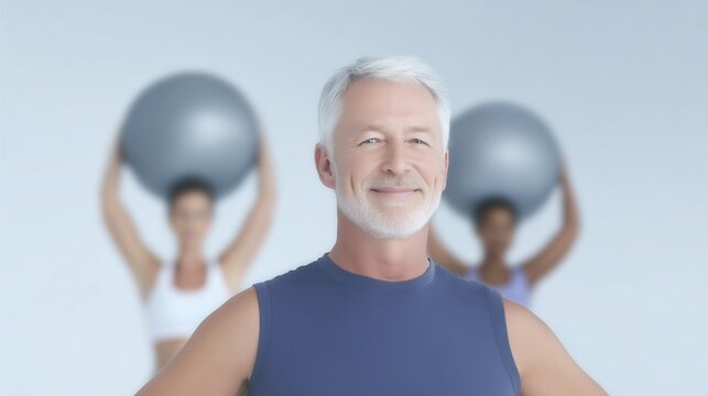 Senior man with gray hair and beard smiles confidently in fitness studio, while two women exercise with stability balls in the background, promoting healthy lifestyle and wellness - Powered by Adobe